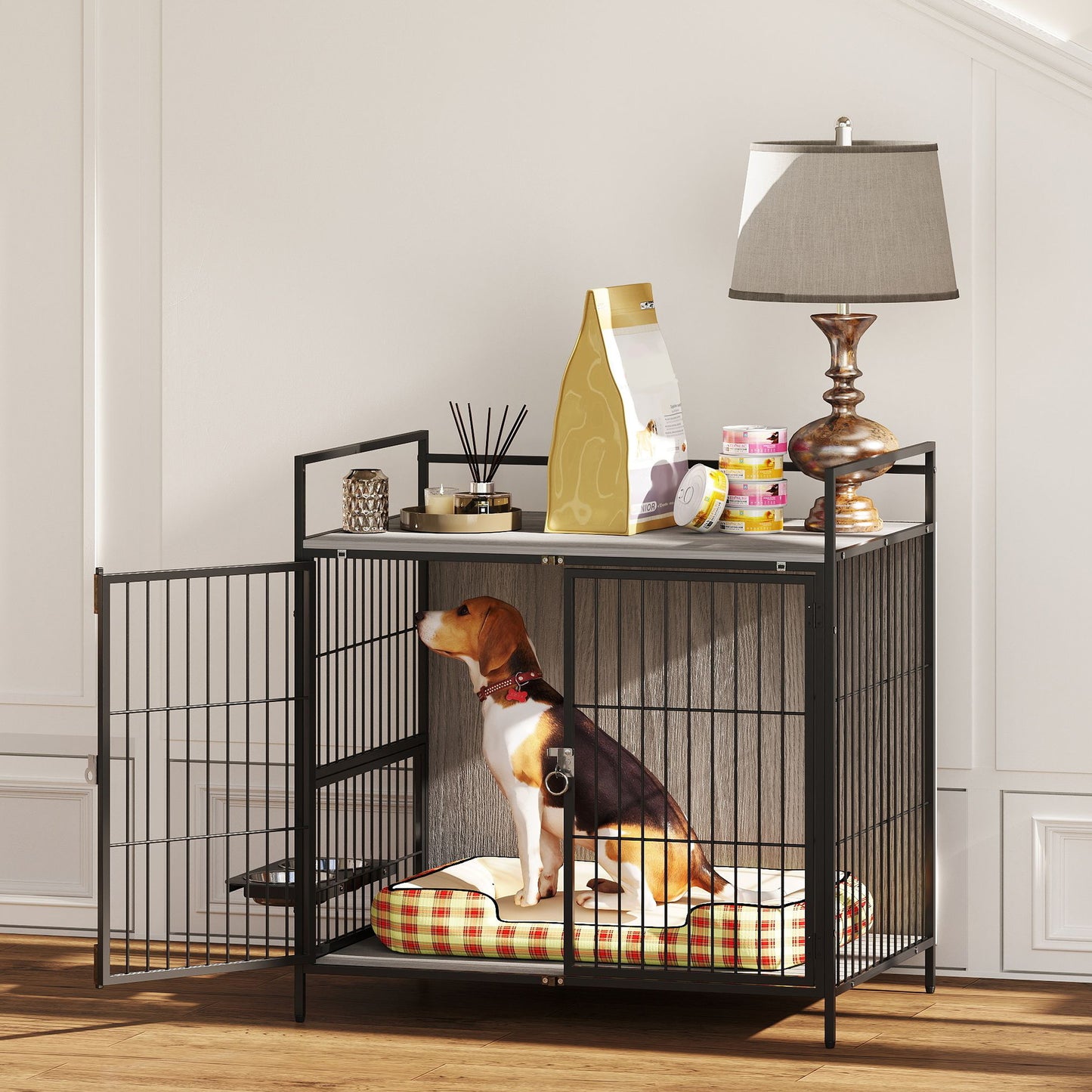 Dog Crate Furniture with Rotating Bowl Holder for Medium Dogs, Grey