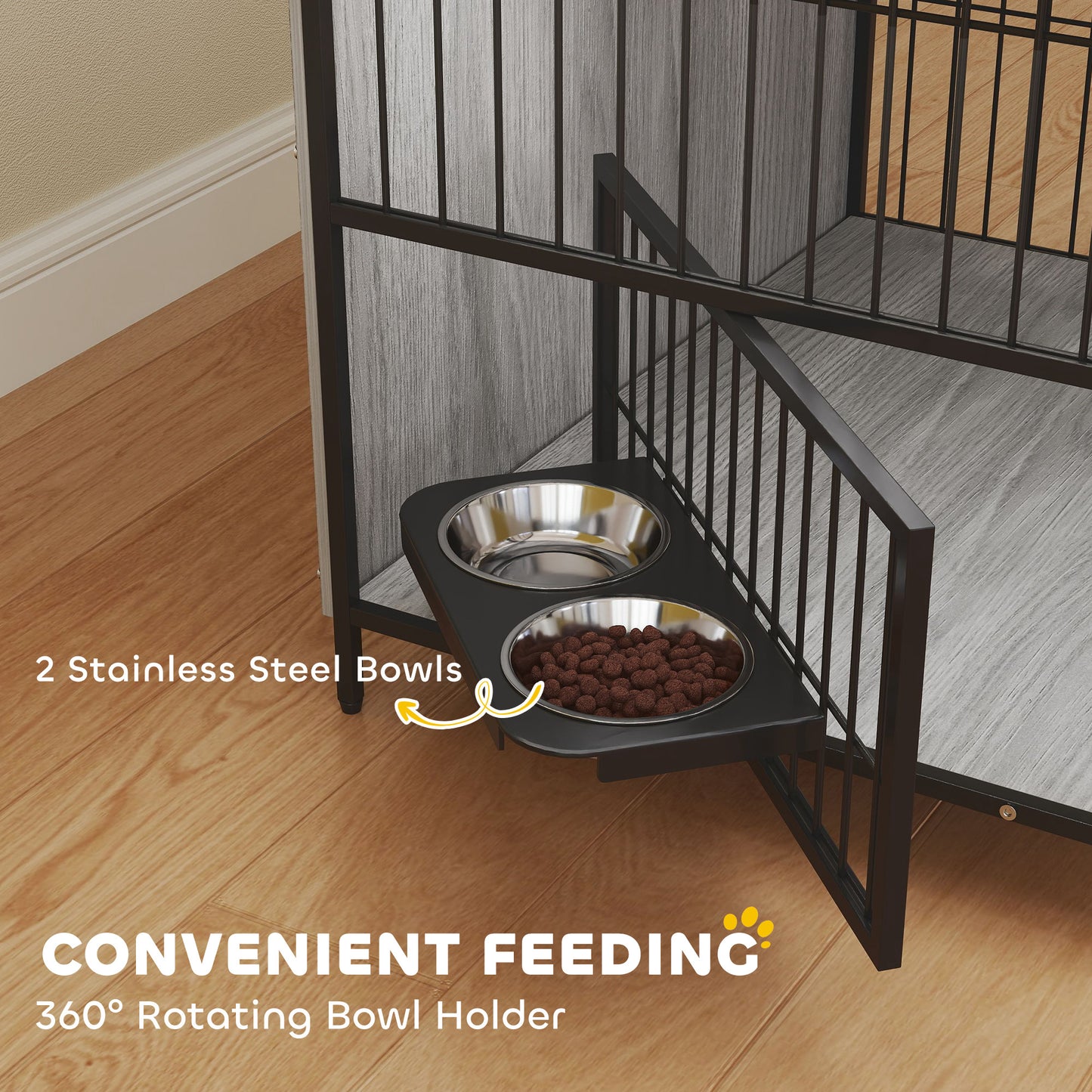 Dog Crate Furniture with Rotating Bowl Holder for Medium Dogs, Grey