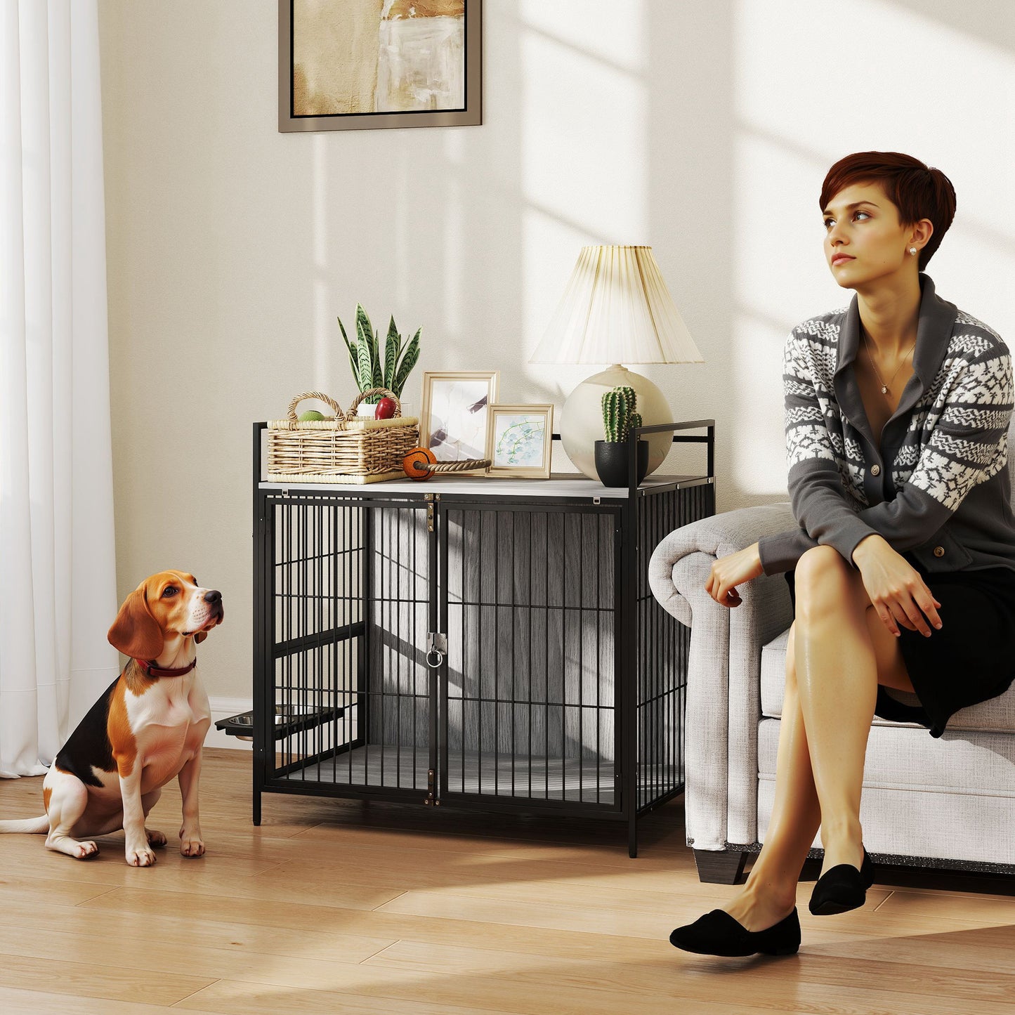 Dog Crate Furniture with Rotating Bowl Holder for Medium Dogs, Grey