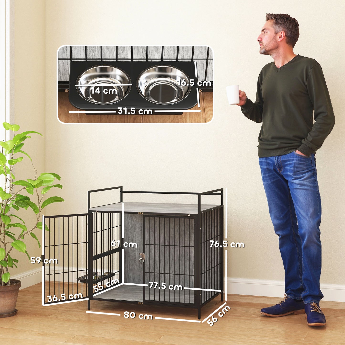 Dog Crate Furniture with Rotating Bowl Holder for Medium Dogs, Grey