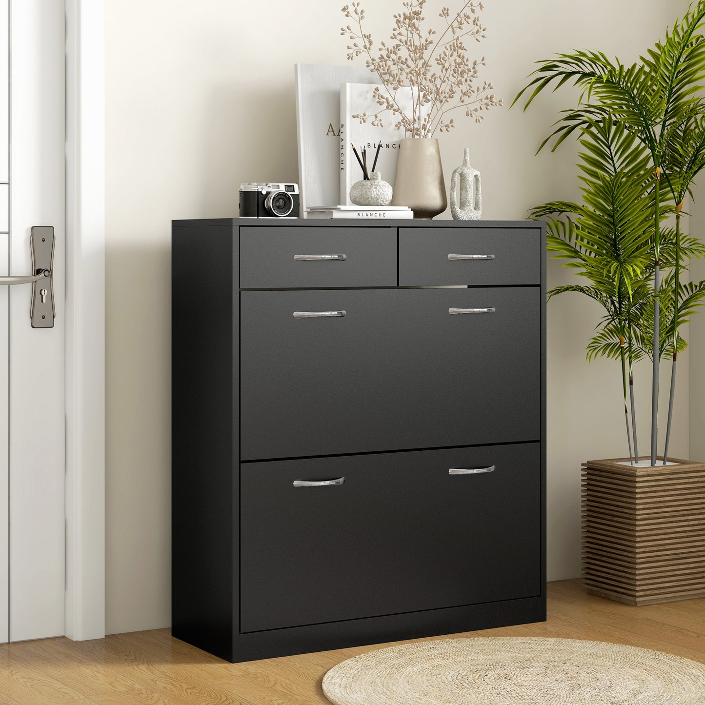 Slim Shoe Cabinet with 2 Flip Drawers for 12 Pairs of Shoes Black