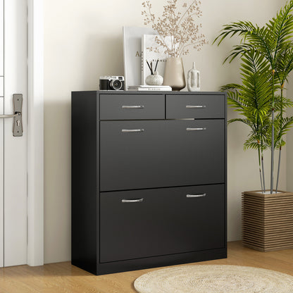 Slim Shoe Cabinet with 2 Flip Drawers for 12 Pairs of Shoes Black