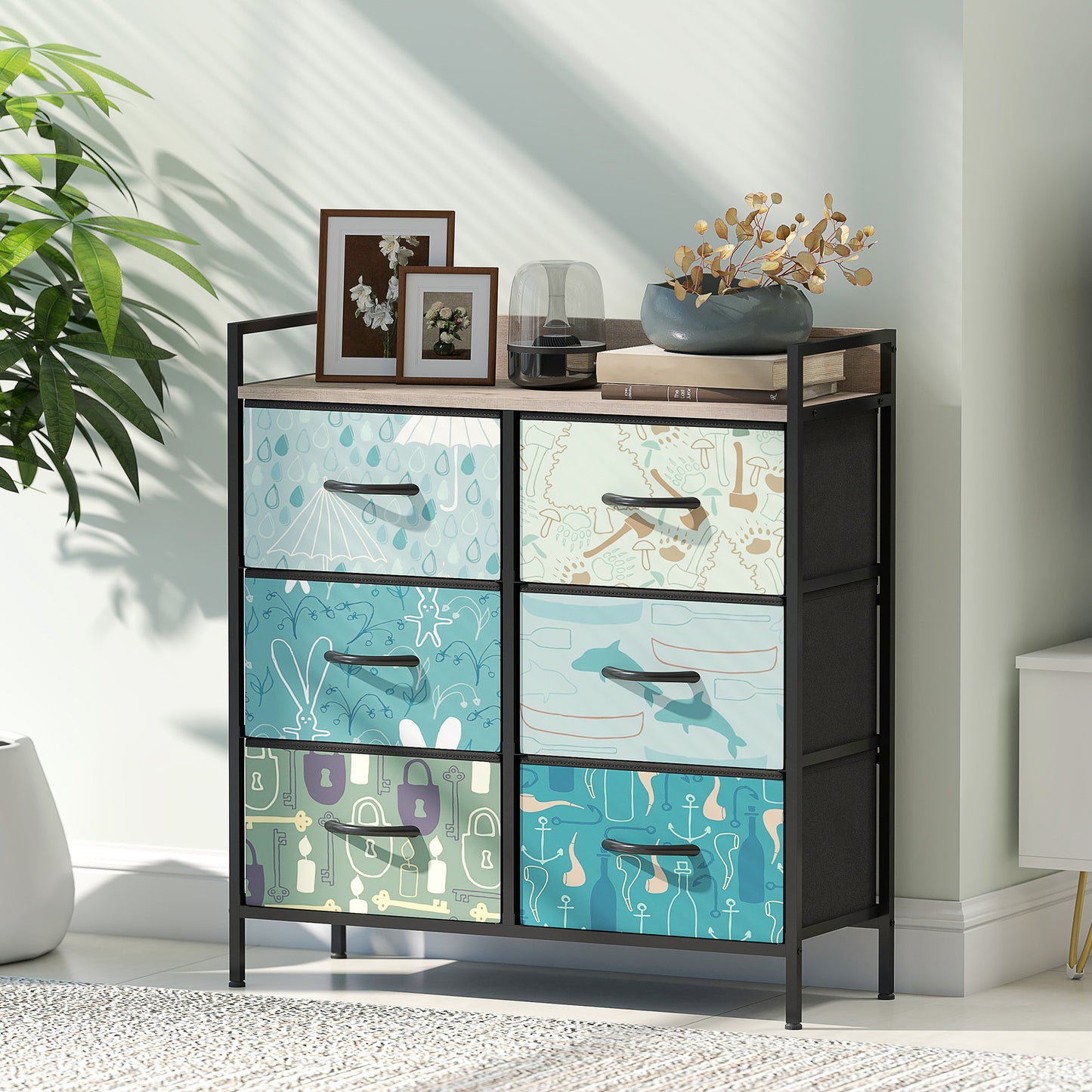 6-Drawer Chest of Drawers, Fabric Dresser with Open Shelf, Blue