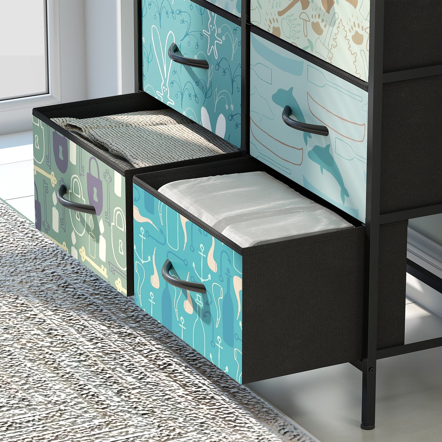 6-Drawer Chest of Drawers, Fabric Dresser with Open Shelf, Blue