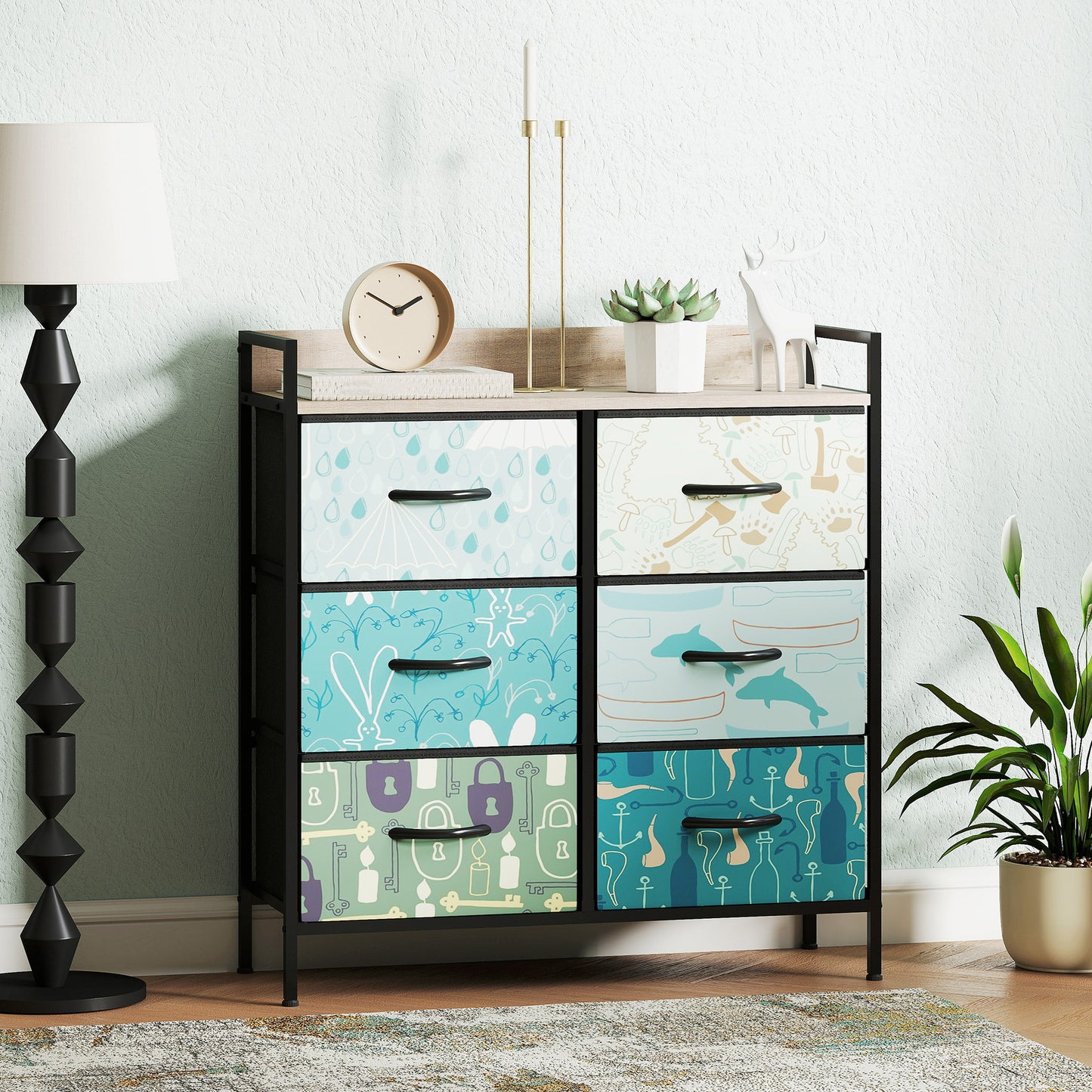 6-Drawer Chest of Drawers, Fabric Dresser with Open Shelf, Blue