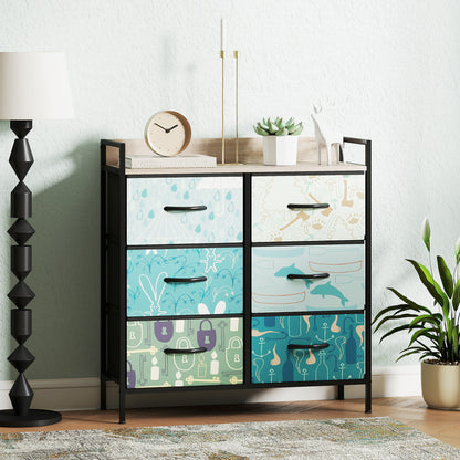 6-Drawer Chest of Drawers, Fabric Dresser with Open Shelf, Blue