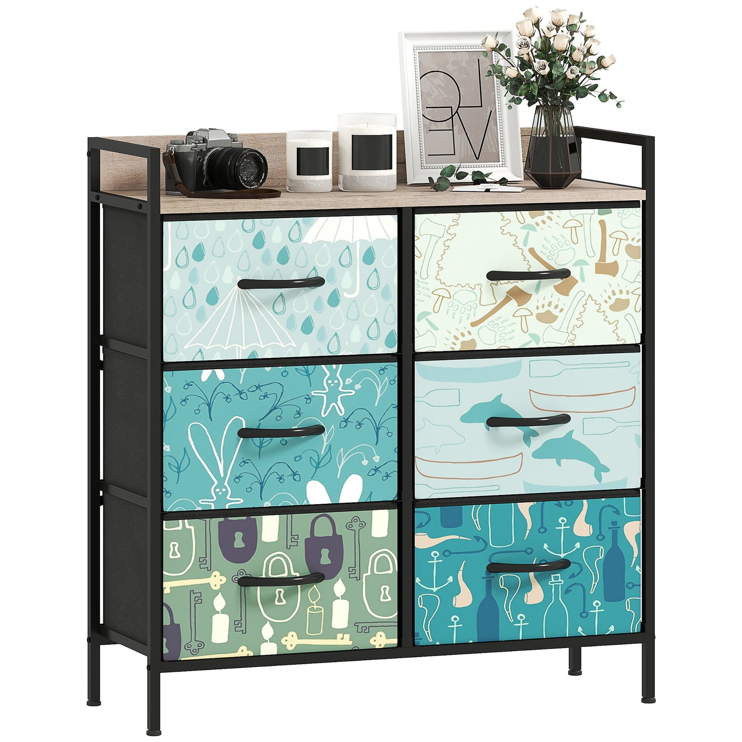 6-Drawer Chest of Drawers, Fabric Dresser with Open Shelf, Blue