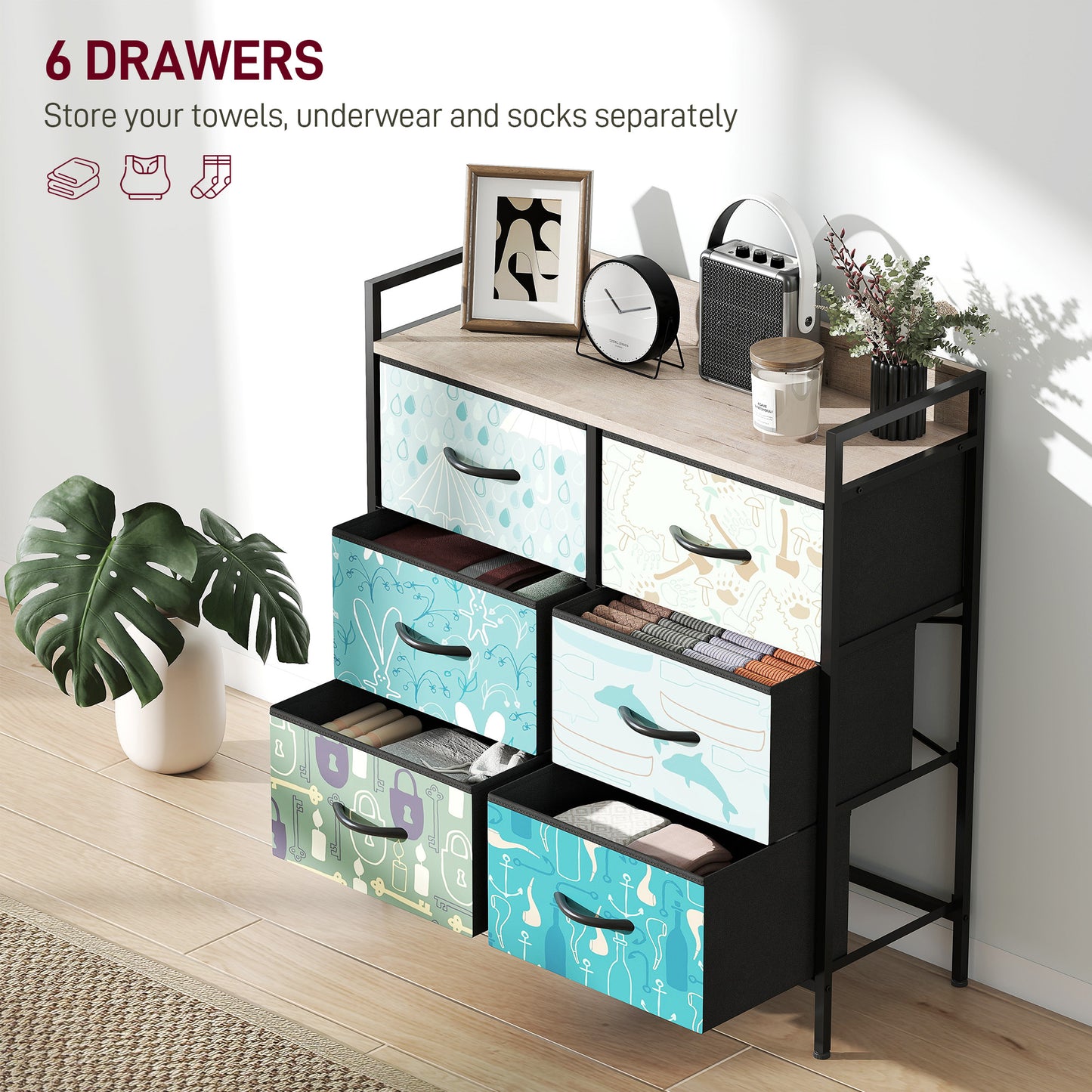 6-Drawer Chest of Drawers, Fabric Dresser with Open Shelf, Blue
