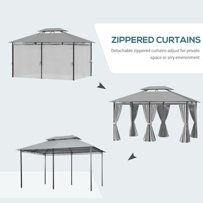 4m x 3(m) Metal Gazebo Canopy Party Tent Garden Pavillion Patio Shelter Pavilion with Curtains Sidewalls, Grey