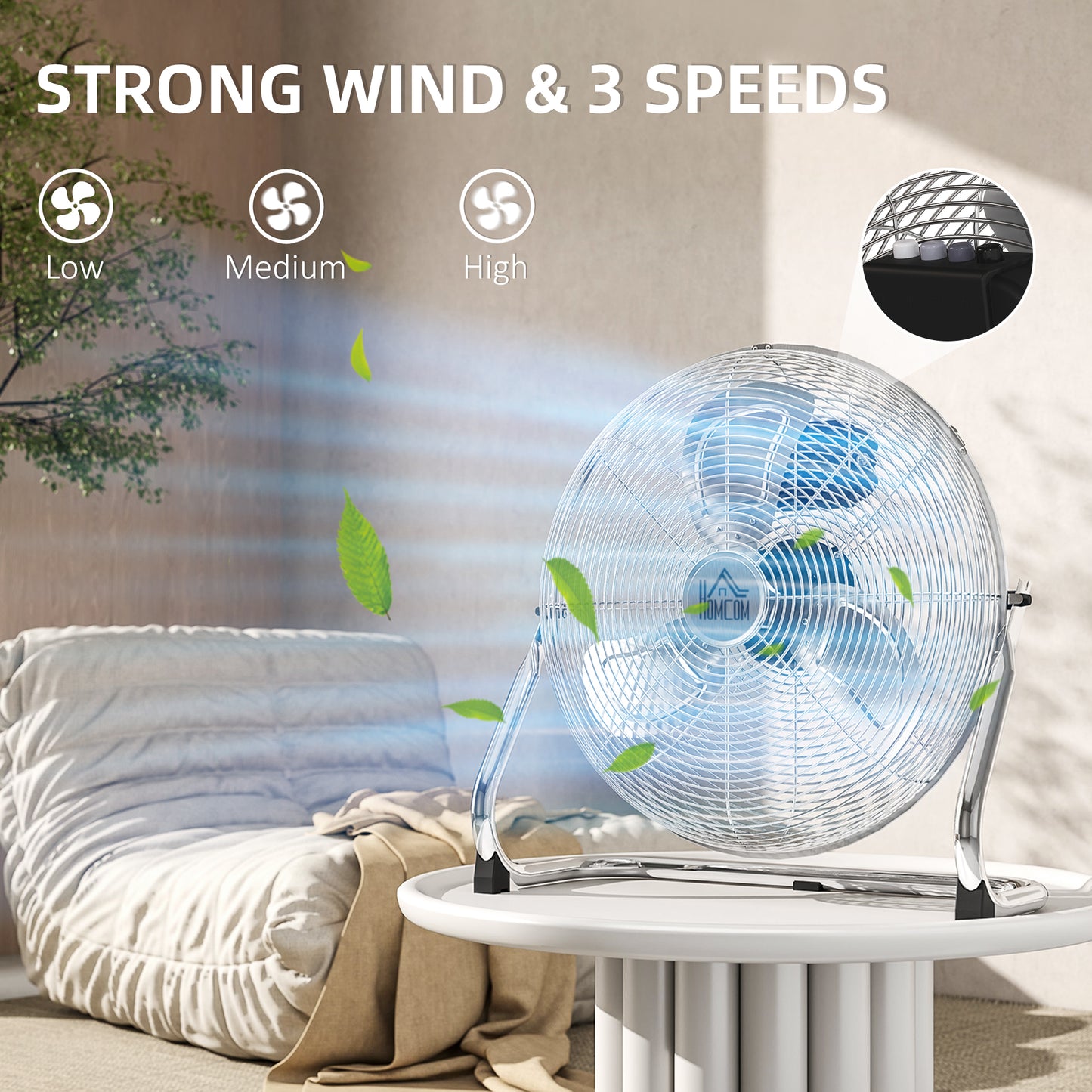 Metal Floor Fan with 3 Speeds & Adjustable Tilt, Silver Tone
