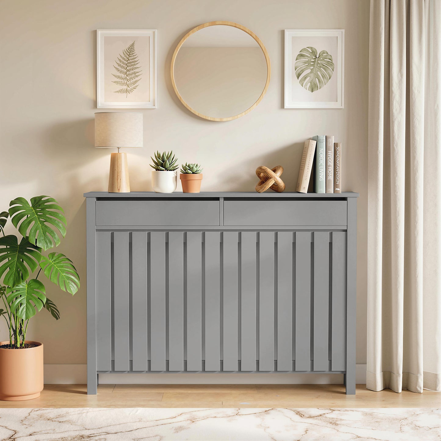 Large Radiator Cover with Drawers and Vertical Slats 119 x 19 x 93 cm