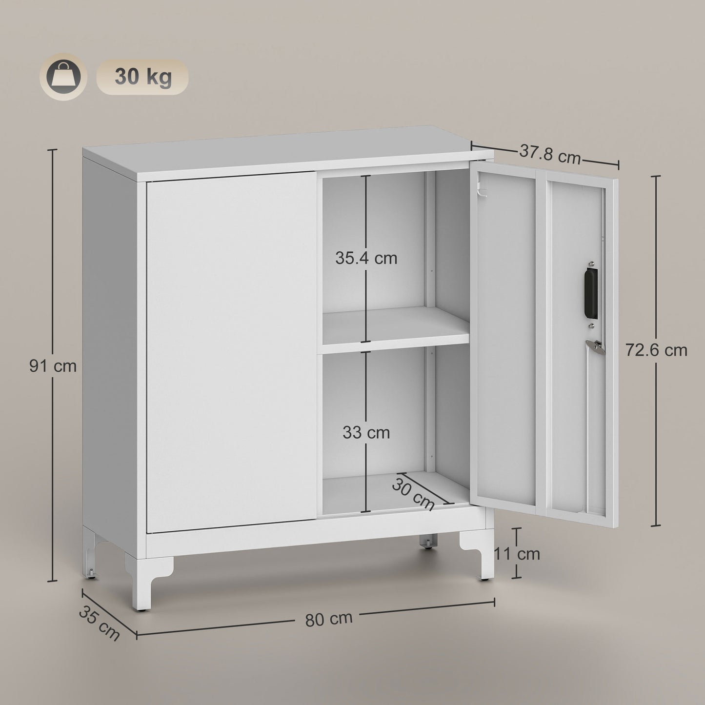 Lockable Metal Filing Cabinet, 2-Tier Storage Cupboard, White