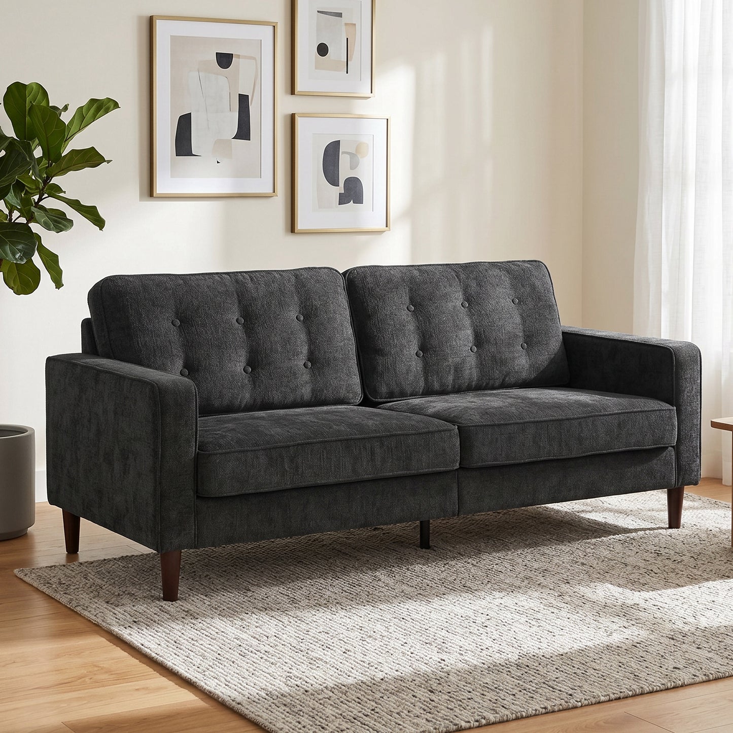 3 Seater Sofa, Upholstered Small Couch for Bedroom, Modern Futon Sofa Settee with Padded Cushion, Button Tufting and Wood Legs for Living Room, Dark Grey