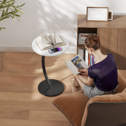 C Shaped Side Table, Round Bedside Table w/ Marble Effect Top, White