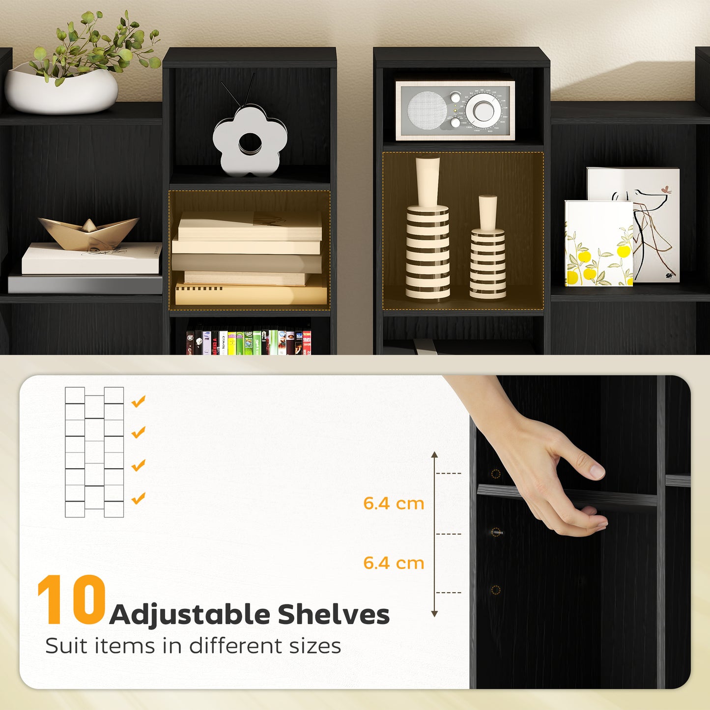 Tall Bookshelf with 21 Compartments and 10 Adjustable Shelves, Black