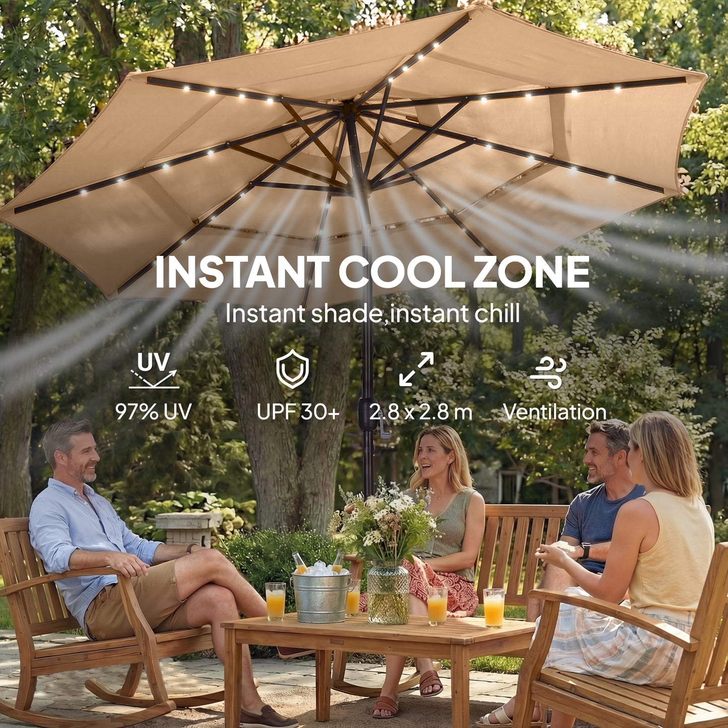 2.8 m Garden Parasol Umbrella with Light, Patio Umbrella, Khaki