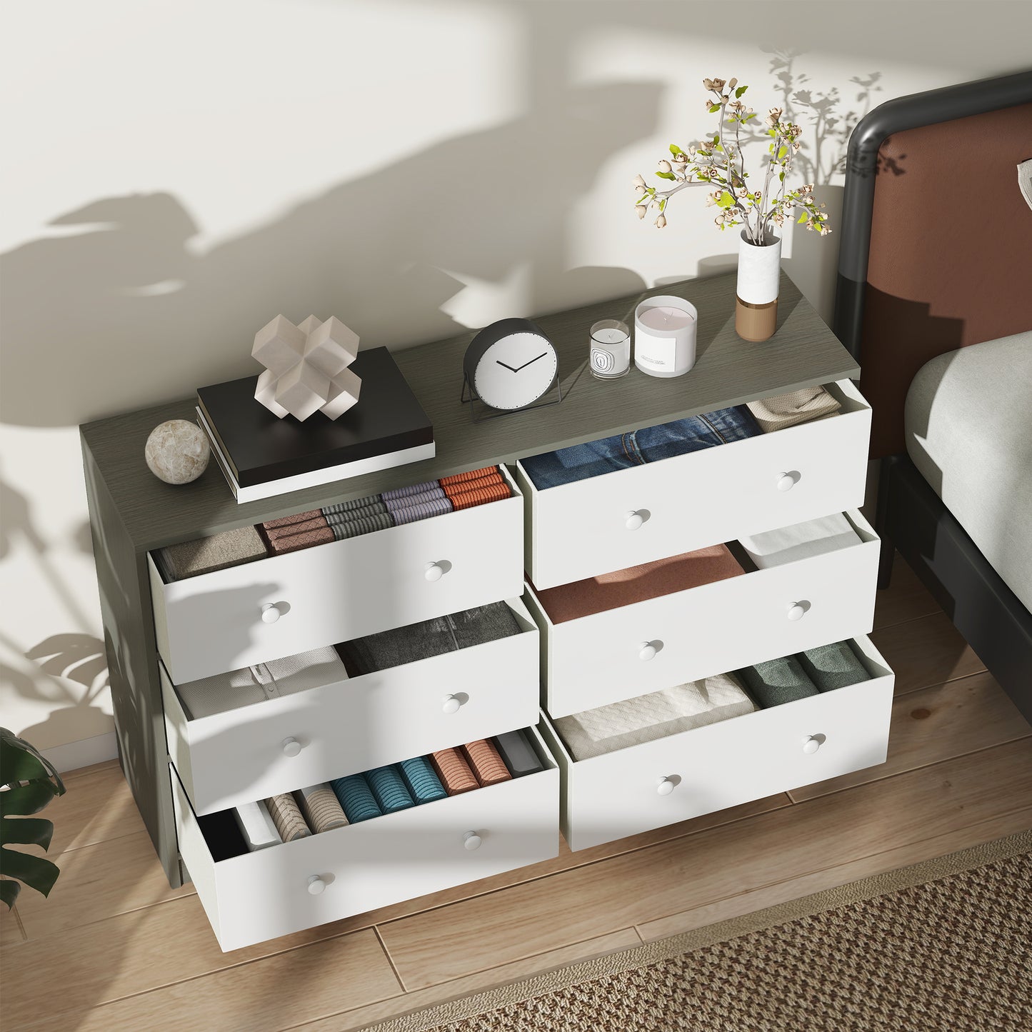 Chest of Drawers, 6 Drawer Dresser for Bedroom, White and Grey