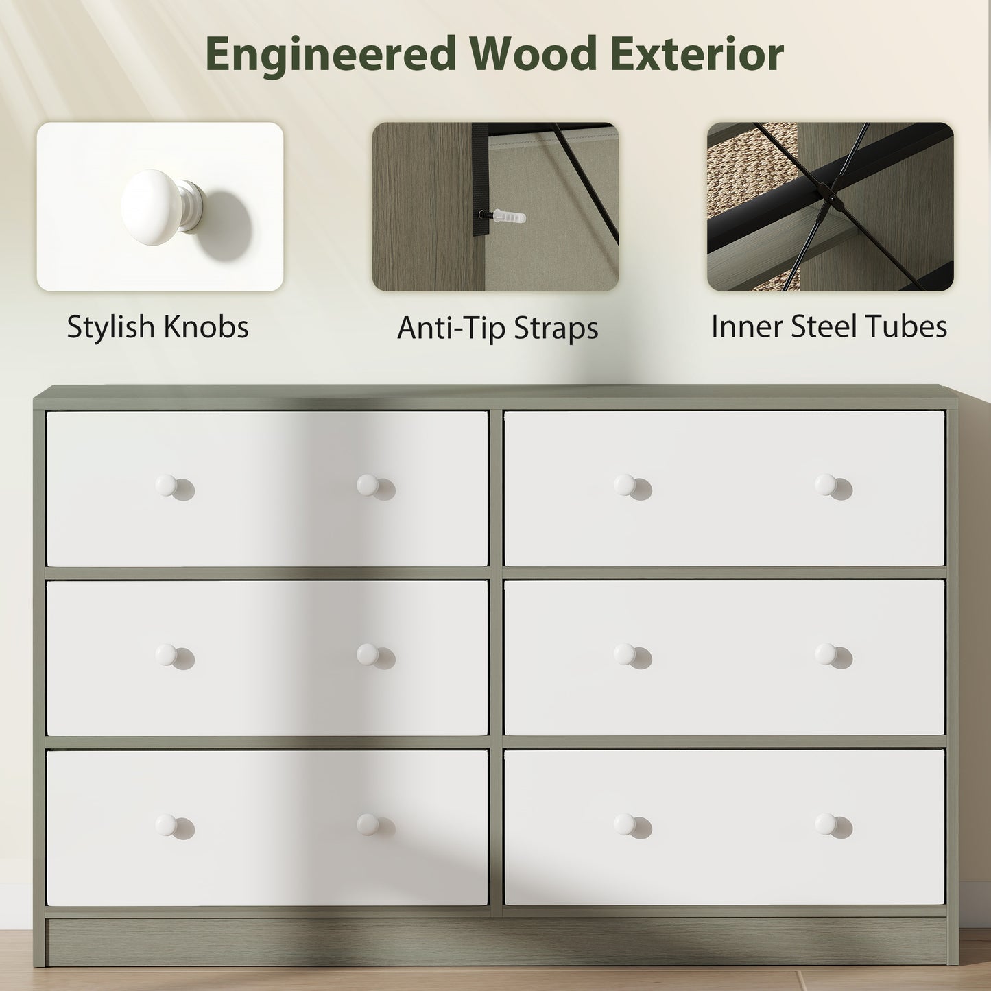 Chest of Drawers, 6 Drawer Dresser for Bedroom, White and Grey