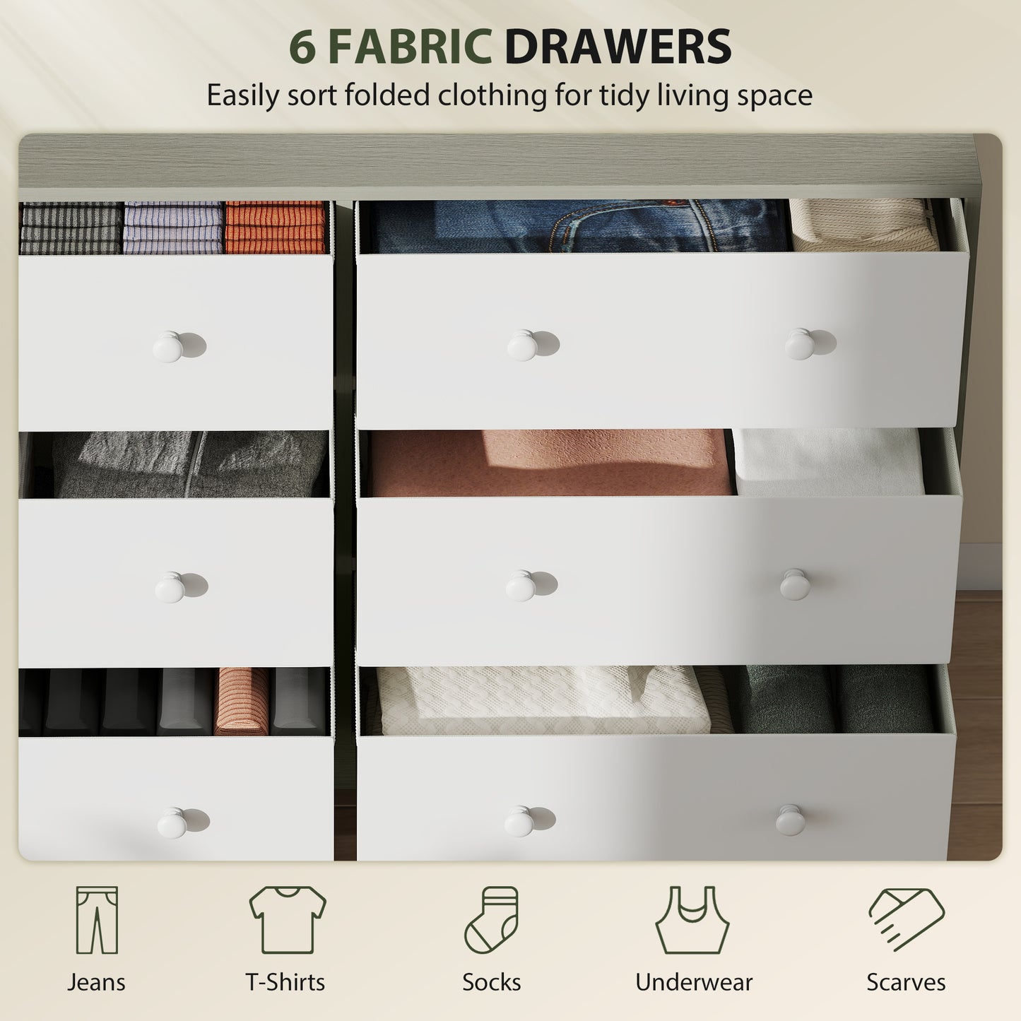 Chest of Drawers, 6 Drawer Dresser for Bedroom, White and Grey