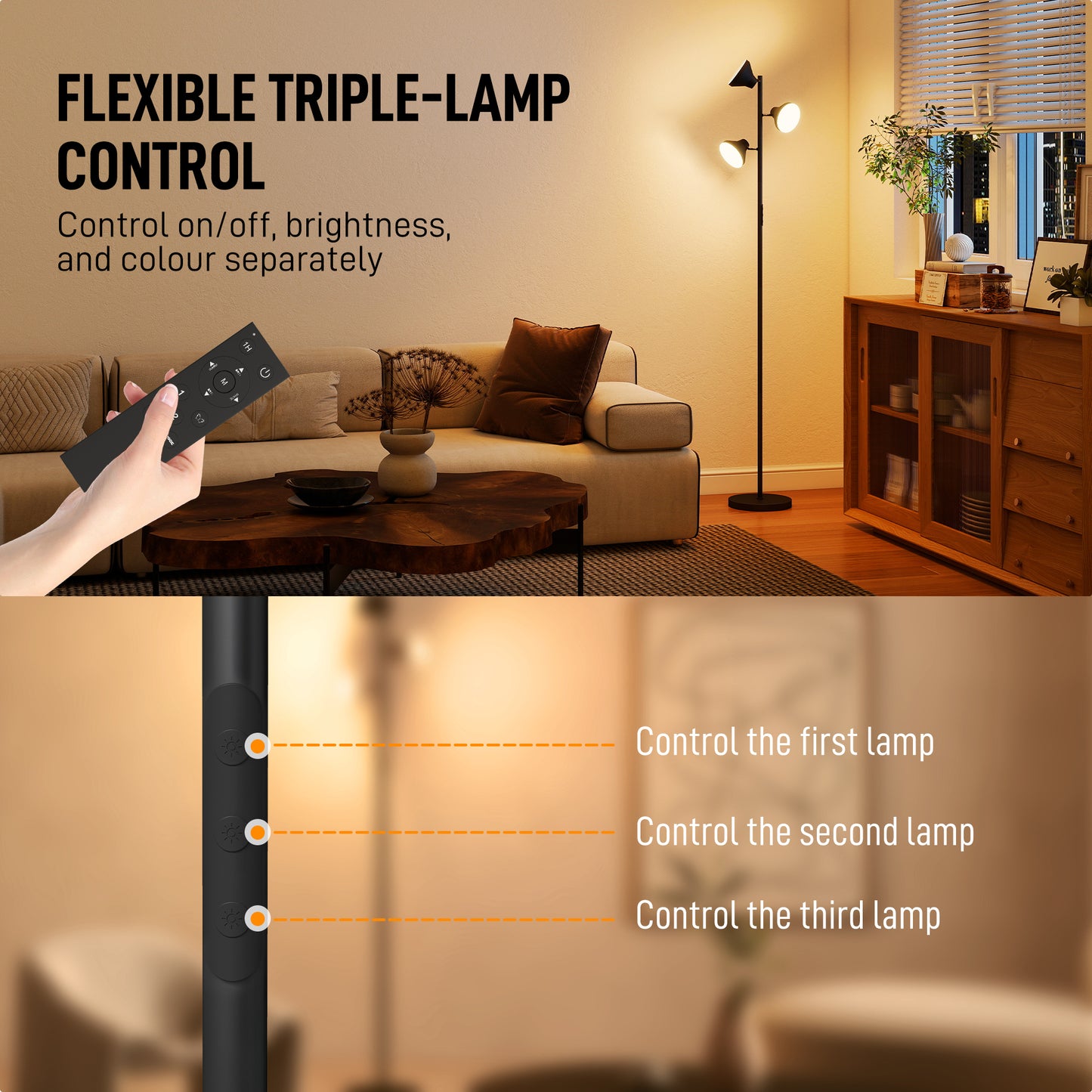 RGB Floor Lamp with 3 Rotatable Head, Modern Standing Lamp, Black