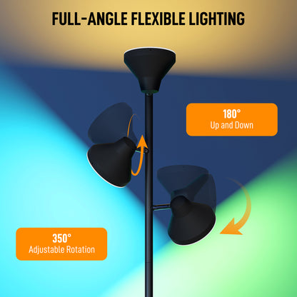 RGB Floor Lamp with 3 Rotatable Head, Modern Standing Lamp, Black