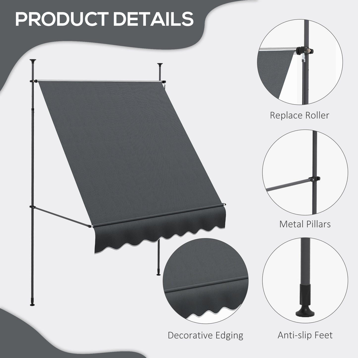 2 x 1.2m Freestanding Retractable Awning, Non-Screw Garden Awning