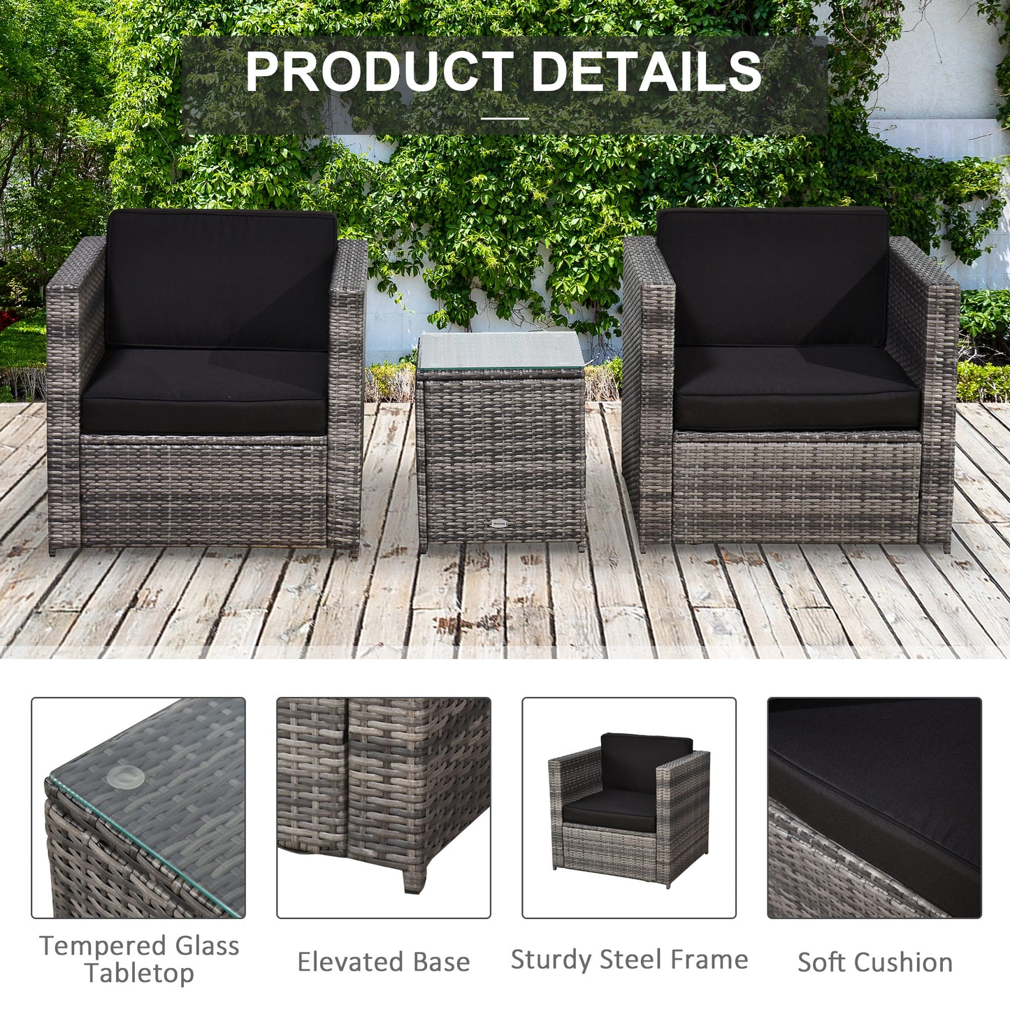 Warehouse Clearance Sale - 3Pcs Patio 2 Seater Rattan Sofa Garden Furniture Set Coffee w/ Cushions