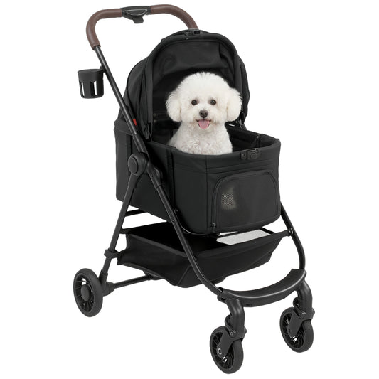 Dog Stroller, 3 in 1 Foldable Pet Stroller for Small Puppy Cat with Detachable Travel Carrier, 4 Wheels Dog Pram with Storage Basket, Seat Leashes, Mesh Window, Black