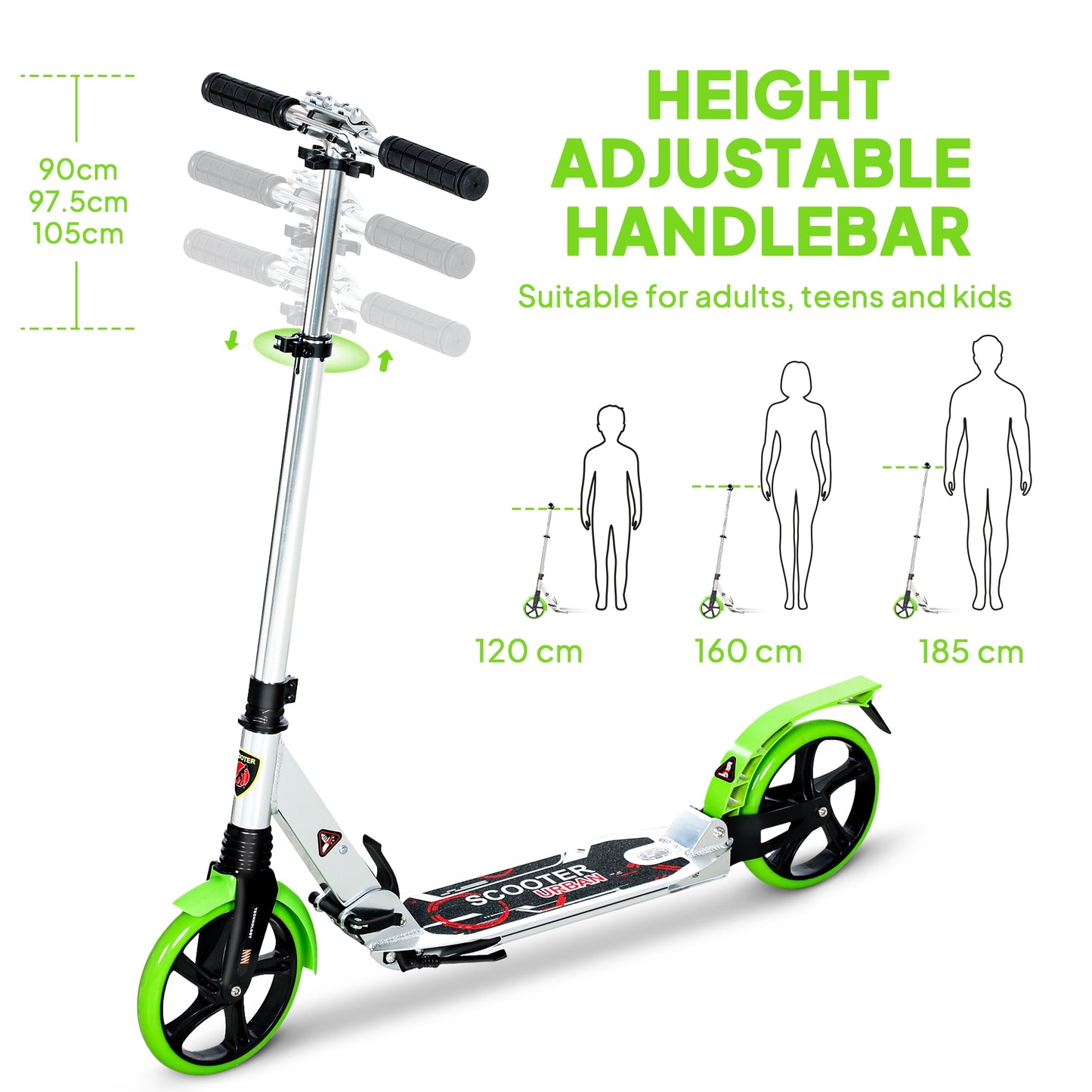 Folding Kick Scooter with Big Wheels for 14+ Teens Adult, Green