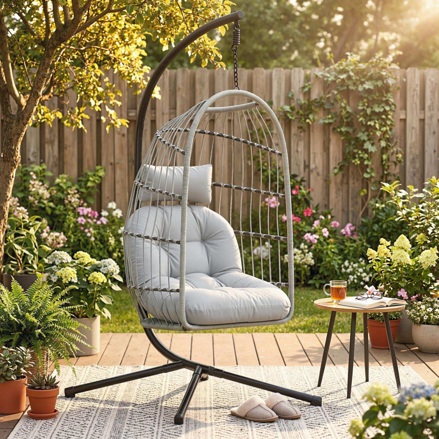Hanging Egg Chair, Outdoor Swing Chair with Stand, Light Grey