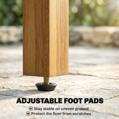 Garden Table, Outdoor Side Table with Slatted Tabletop, Adjustable Foot Pads, Solid Acacia Wood for Indoor Outdoor, Living Room, Balcony, Natural Wood