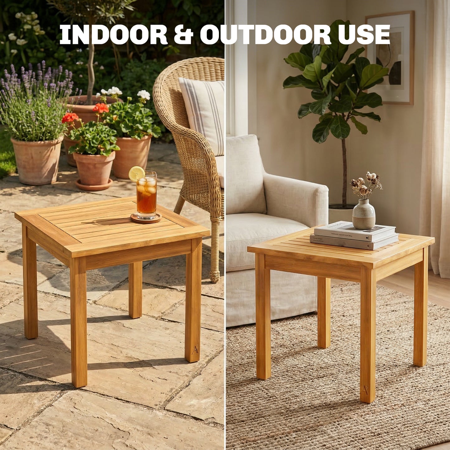 Garden Table, Outdoor Side Table with Slatted Tabletop, Adjustable Foot Pads, Solid Acacia Wood for Indoor Outdoor, Living Room, Balcony, Natural Wood