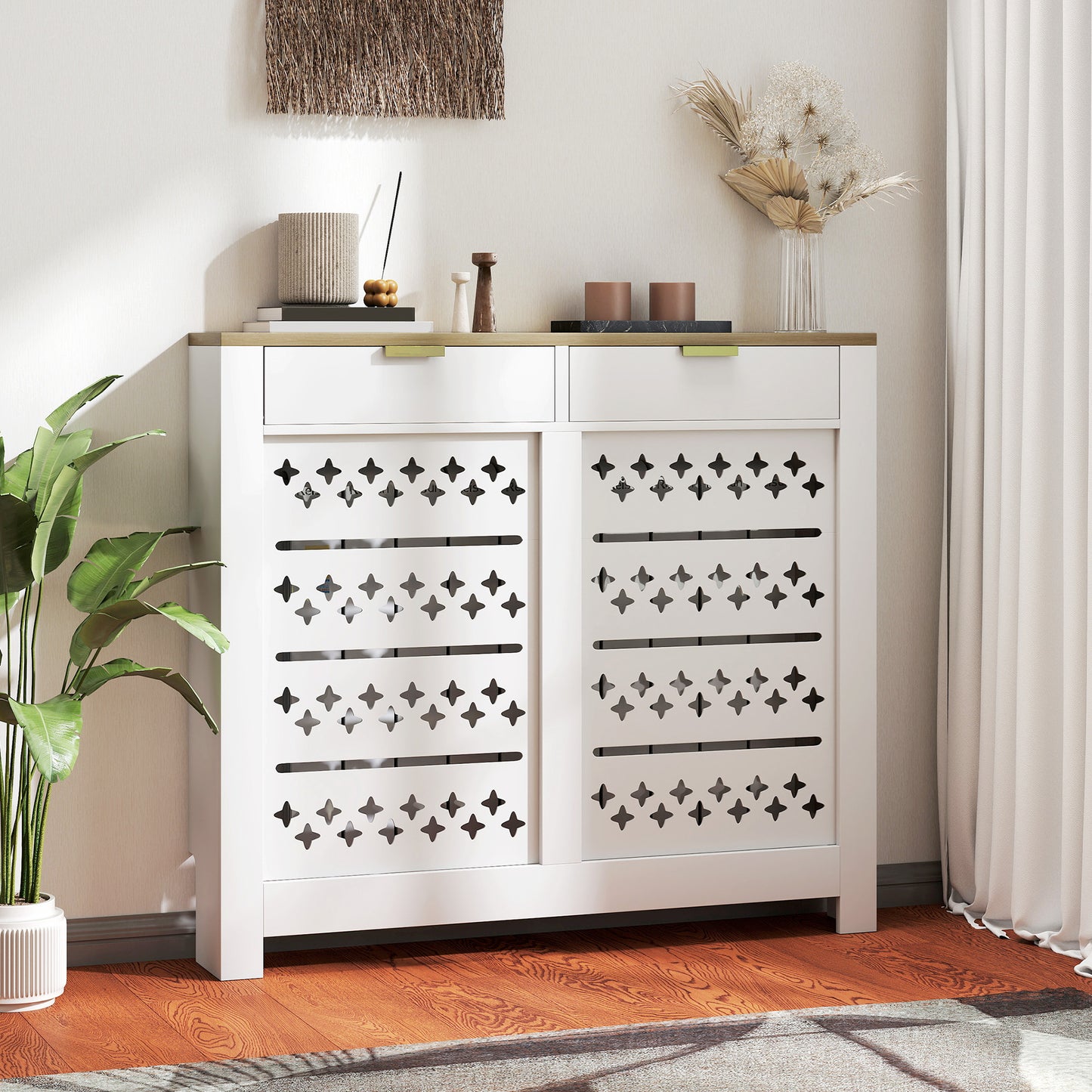 Heater Cover with Flip Drawer and Top Shelf 108 x 19 x 95.5 cm White