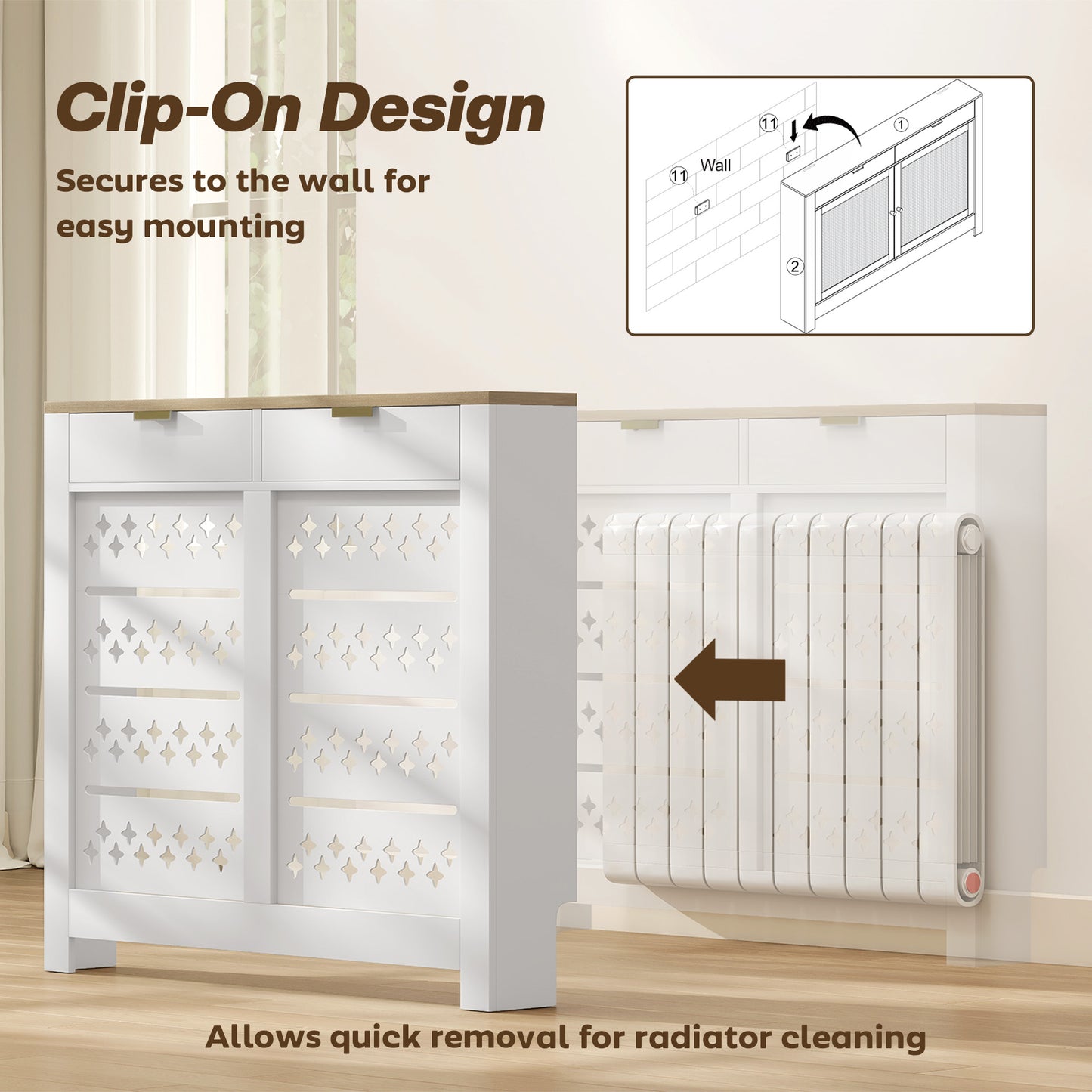 Heater Cover with Flip Drawer and Top Shelf 108 x 19 x 95.5 cm White