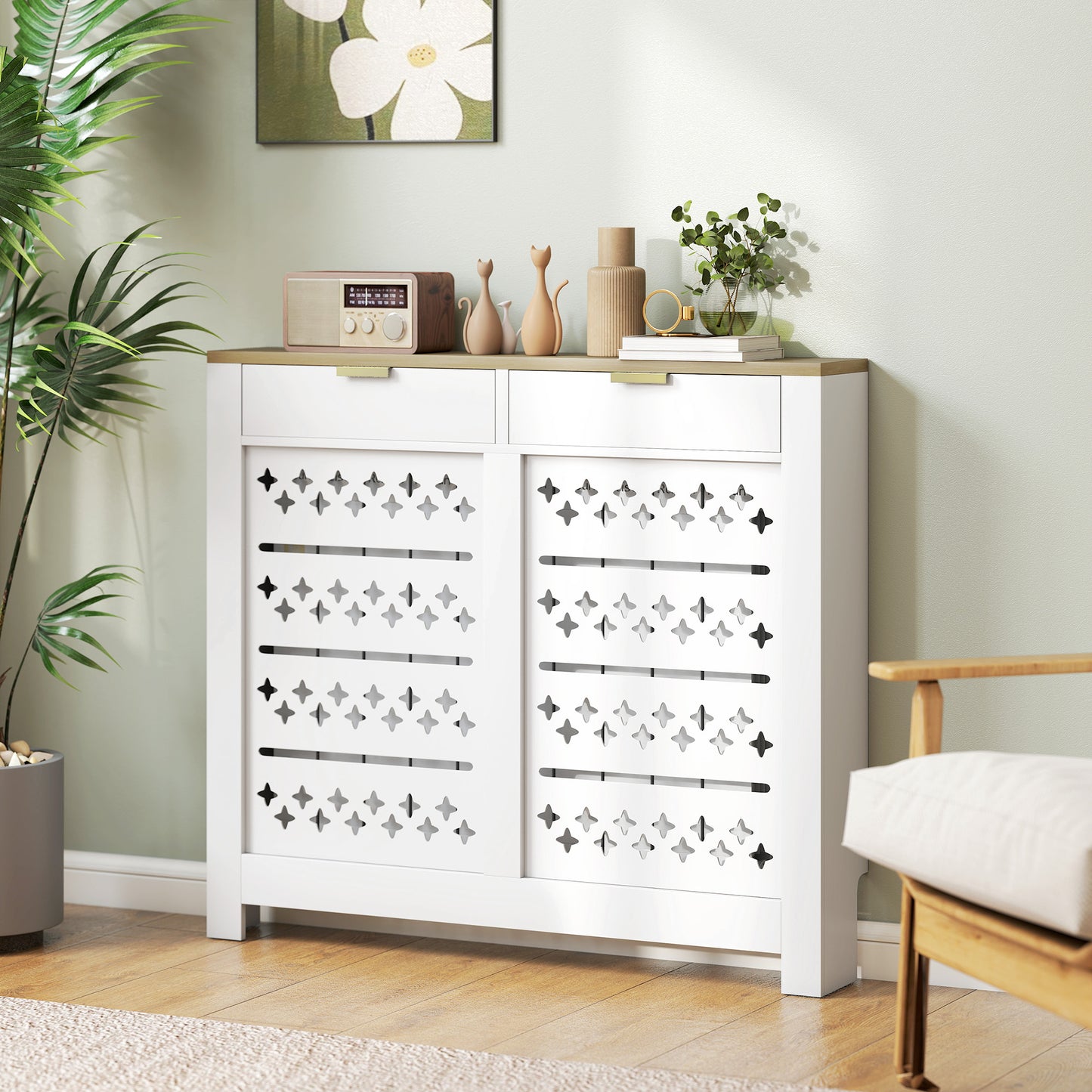 Heater Cover with Flip Drawer and Top Shelf 108 x 19 x 95.5 cm White