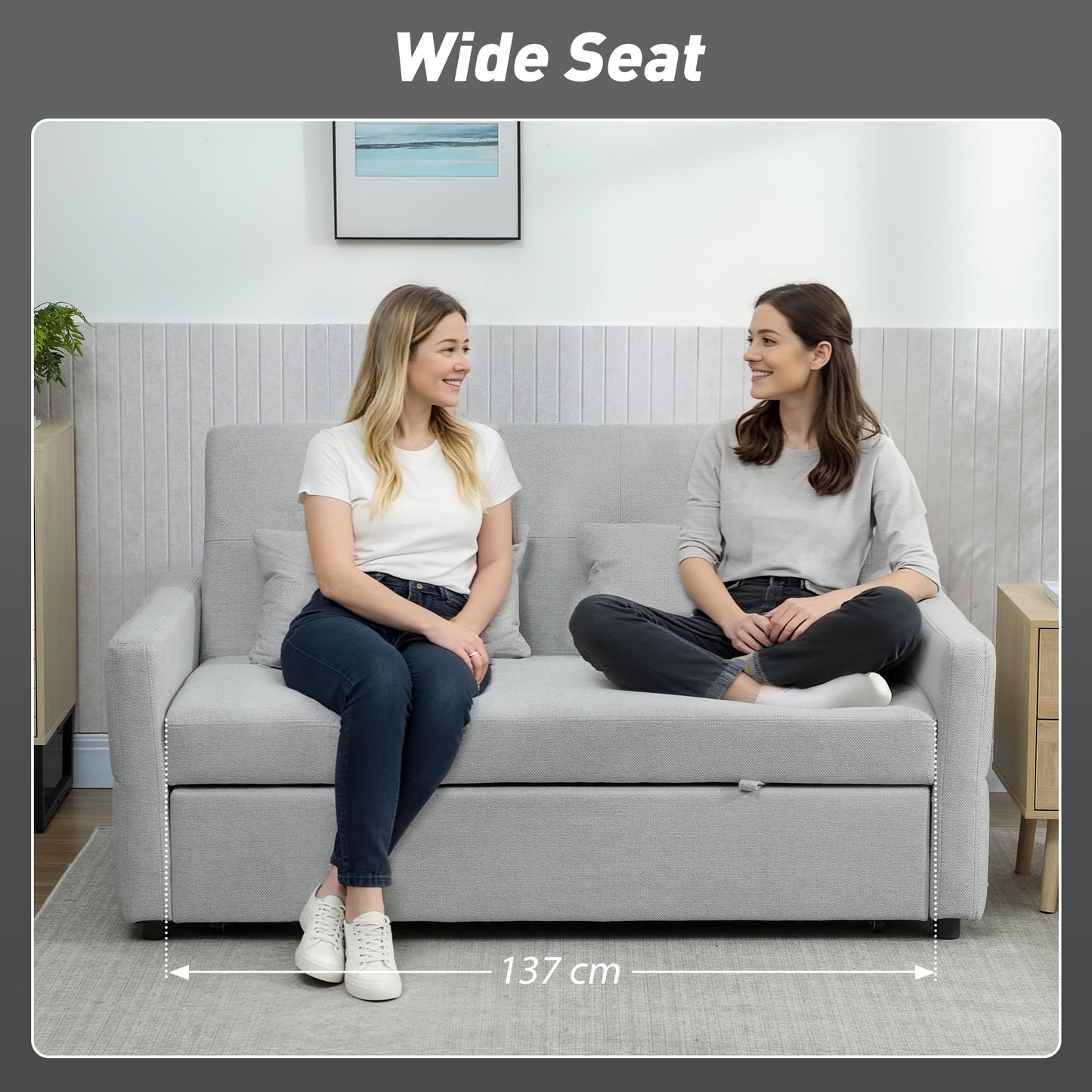 2 Seater Sofa Bed, Convertible Pull Out Bed Settee, Light Grey