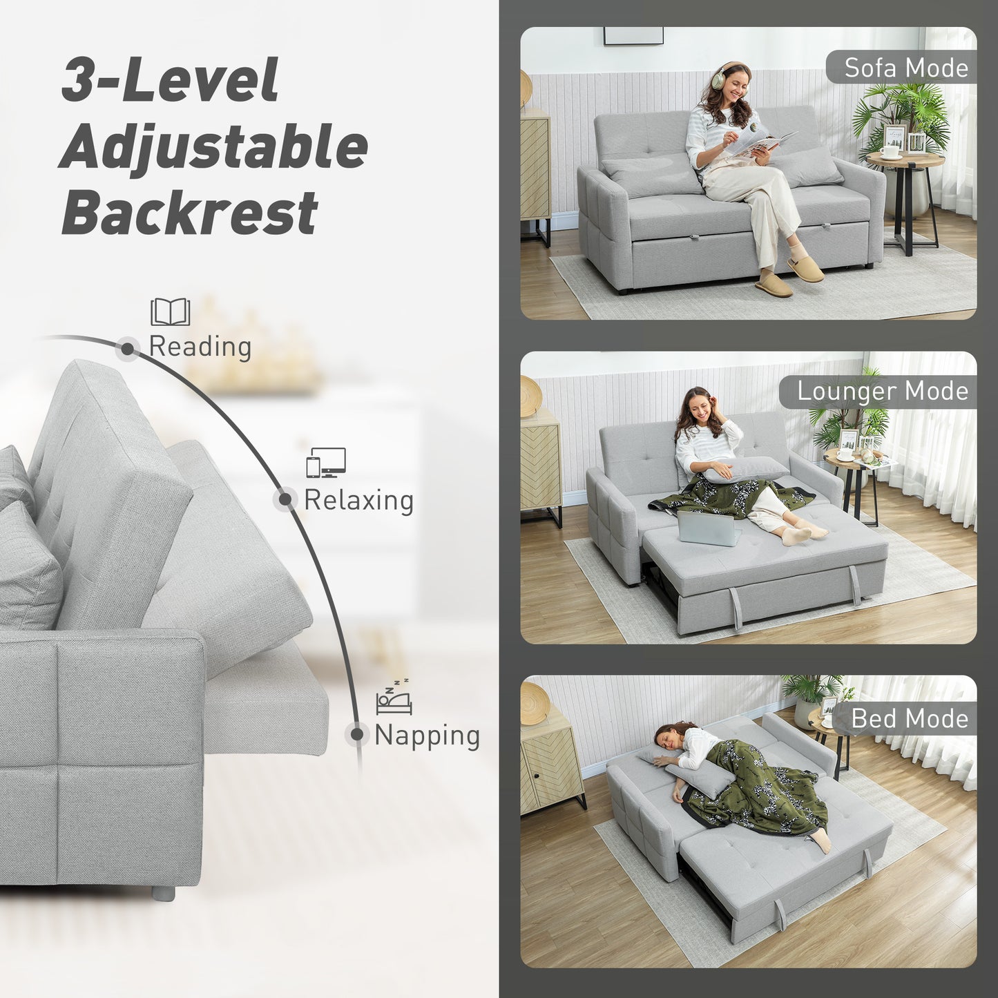 2 Seater Sofa Bed, Convertible Pull Out Bed Settee, Light Grey
