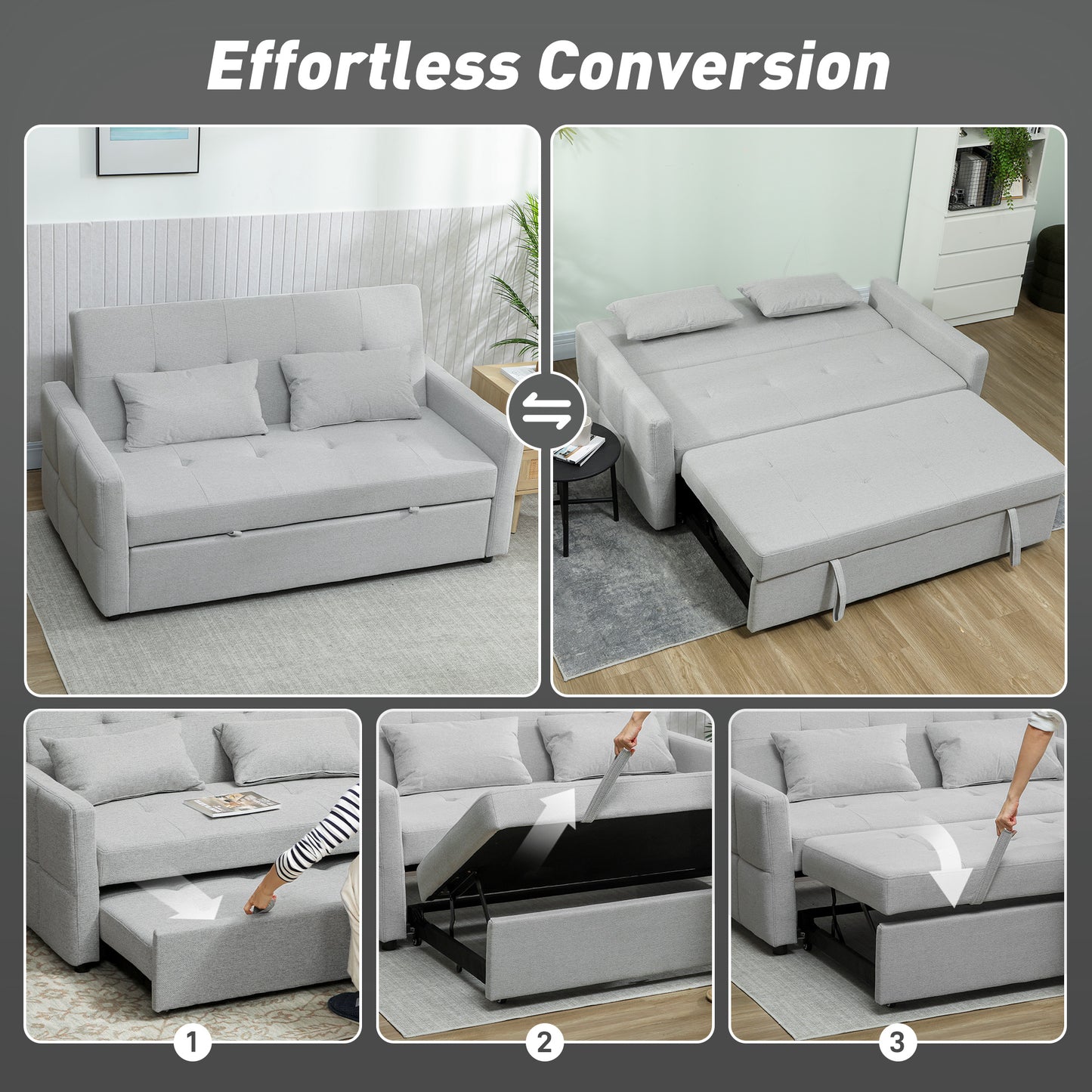 2 Seater Sofa Bed, Convertible Pull Out Bed Settee, Light Grey