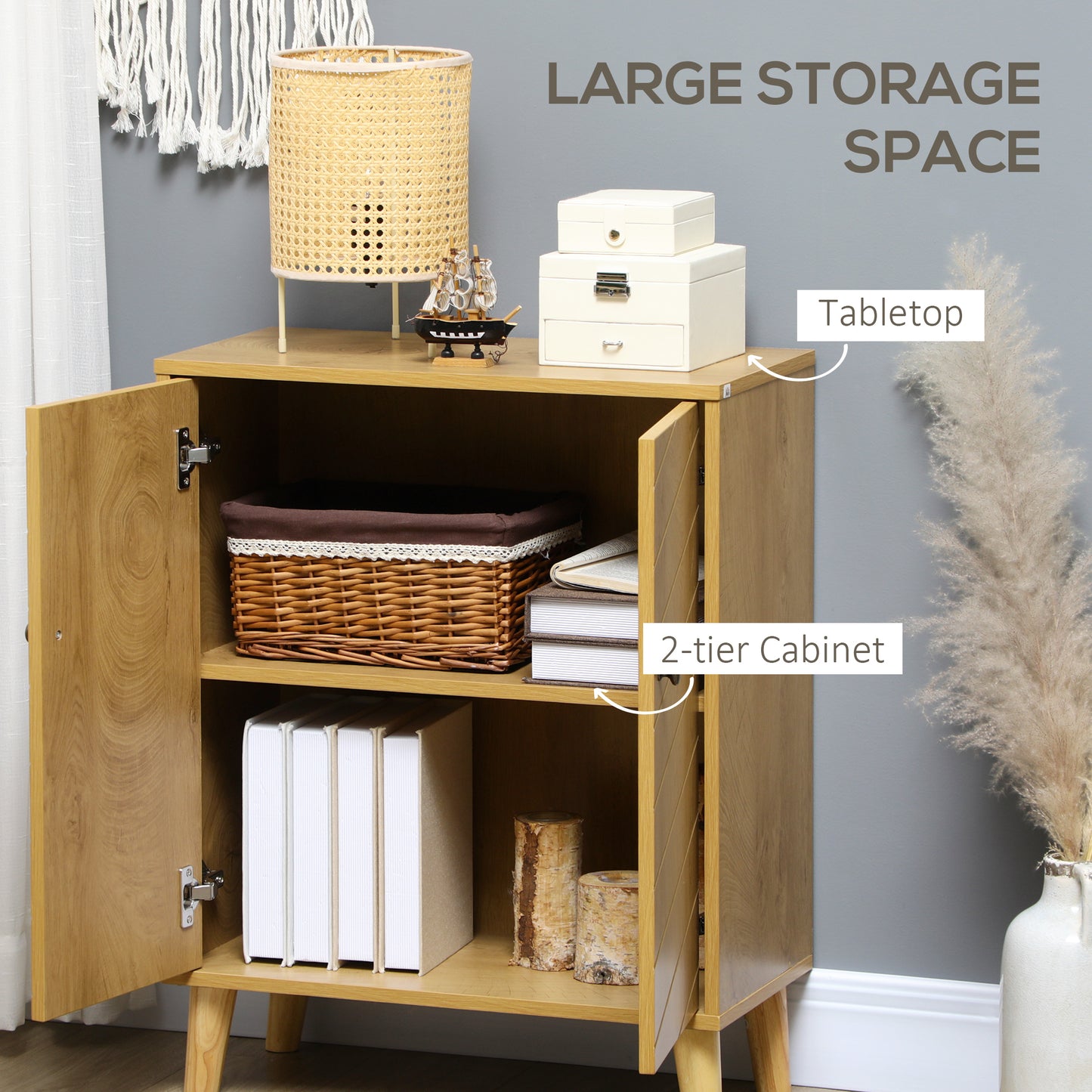 Vintage Storage Cabinet with Double Chevron Doors and Pine Wood Legs, Side Cabinet, Natural Wood Effect