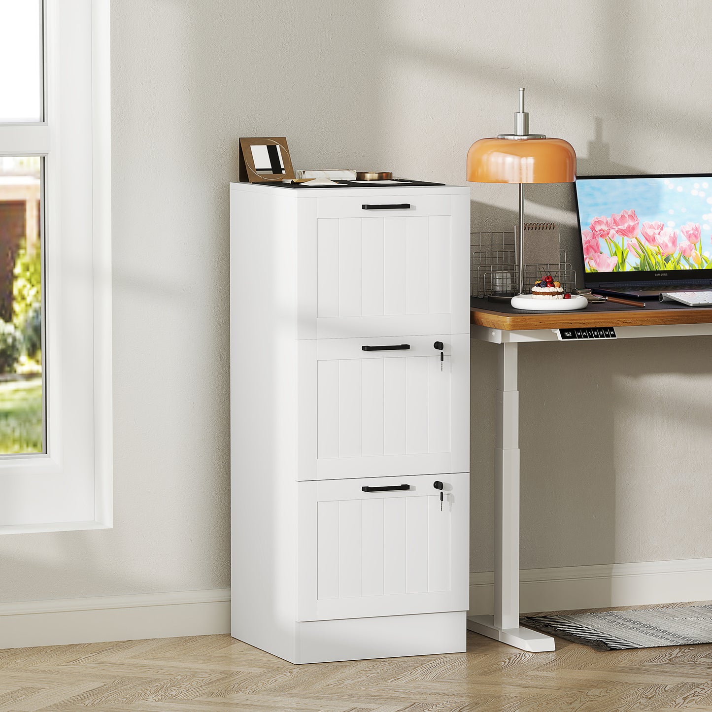 3 Drawer File Cabinet with Lock and Adjustable Hanging Bars, White