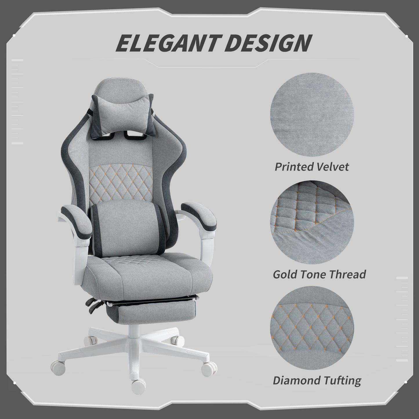 Printed Velvet Computer Recliner Chair with Adjustable Height, Grey