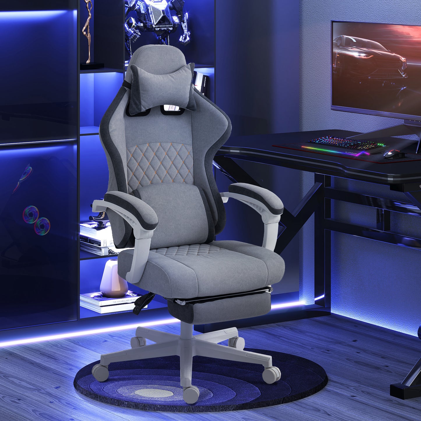 Printed Velvet Computer Recliner Chair with Adjustable Height, Grey