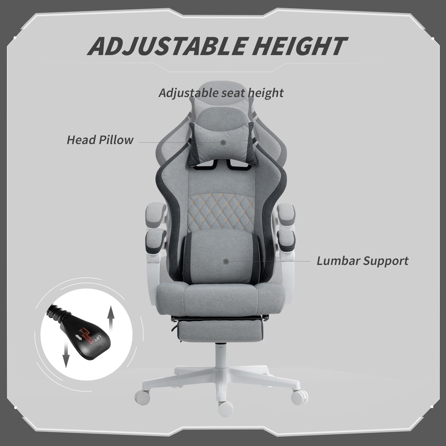 Printed Velvet Computer Recliner Chair with Adjustable Height, Grey