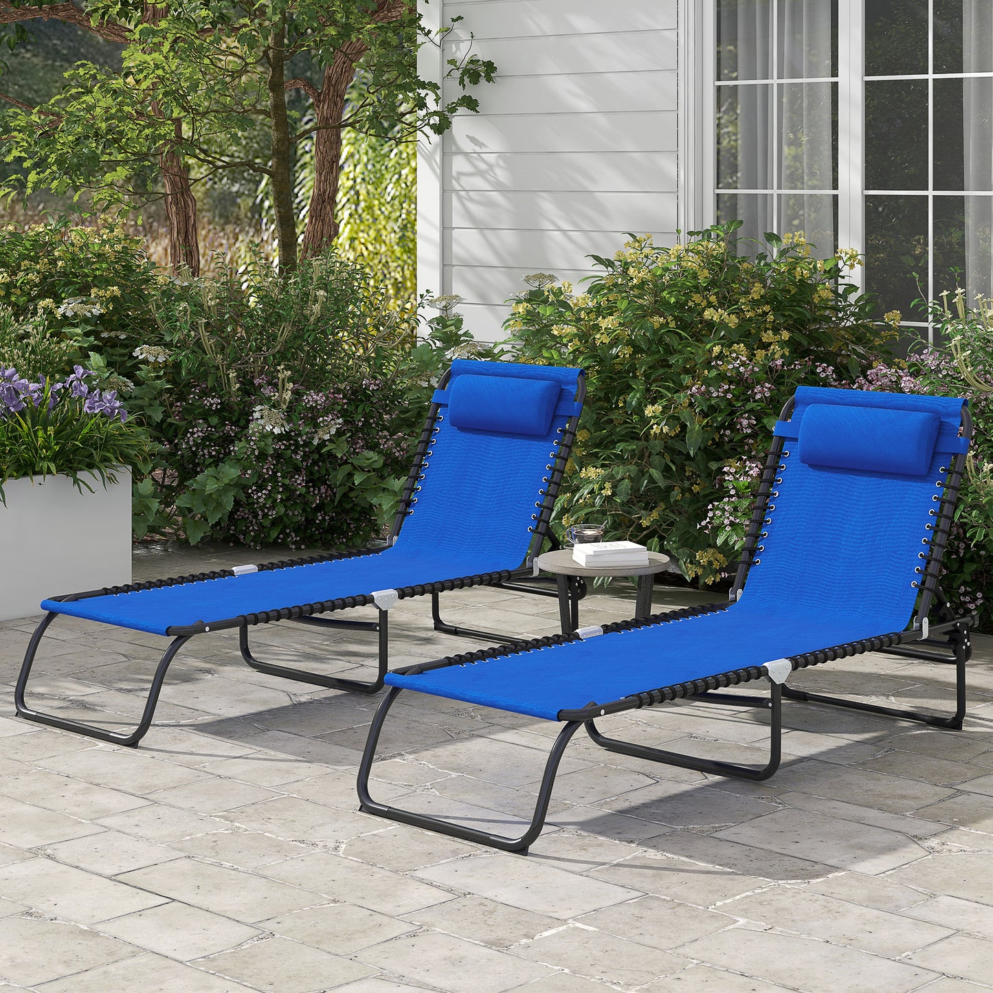 2 Pcs Folding Sun Lounger Beach Chaise Chair Garden Cot Camping Reclining with 4 Position Adjustable Blue