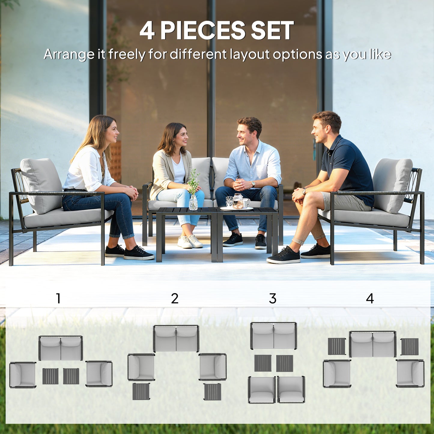 5 Piece Metal Garden Furniture Sofa Set with Cushions, Light Grey