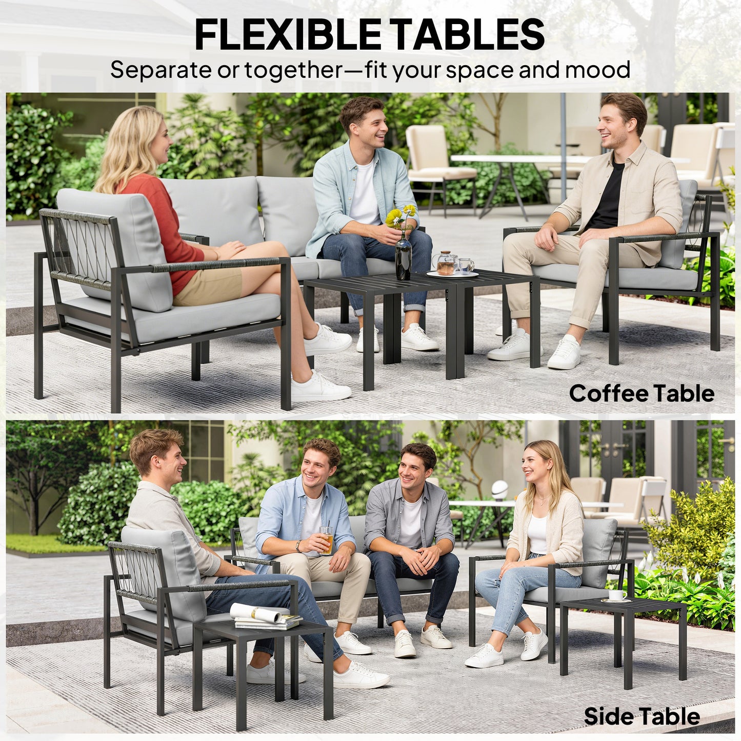 5 Piece Metal Garden Furniture Sofa Set with Cushions, Light Grey