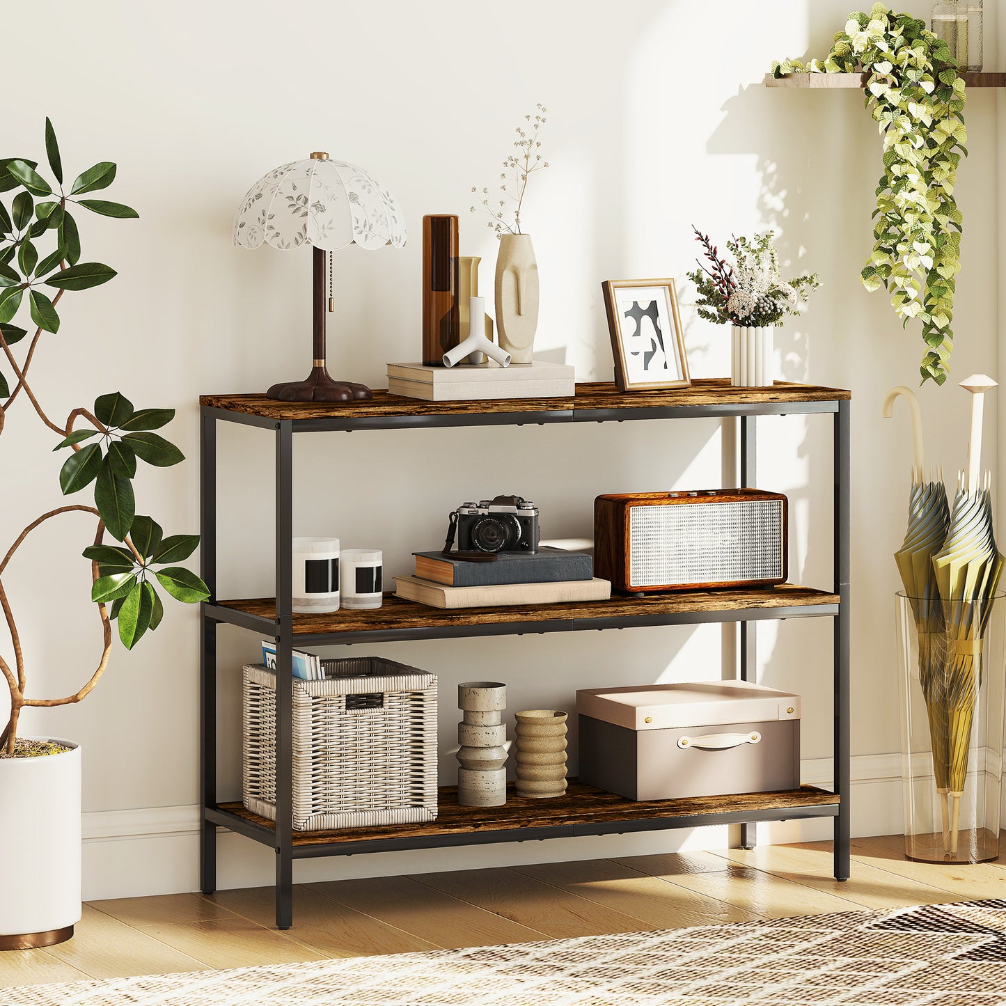 Industrial Console Table with 3-Tier Storage Shelves Rustic Brown