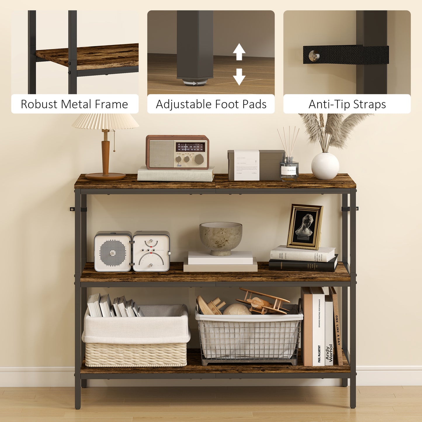 Industrial Console Table with 3-Tier Storage Shelves Rustic Brown