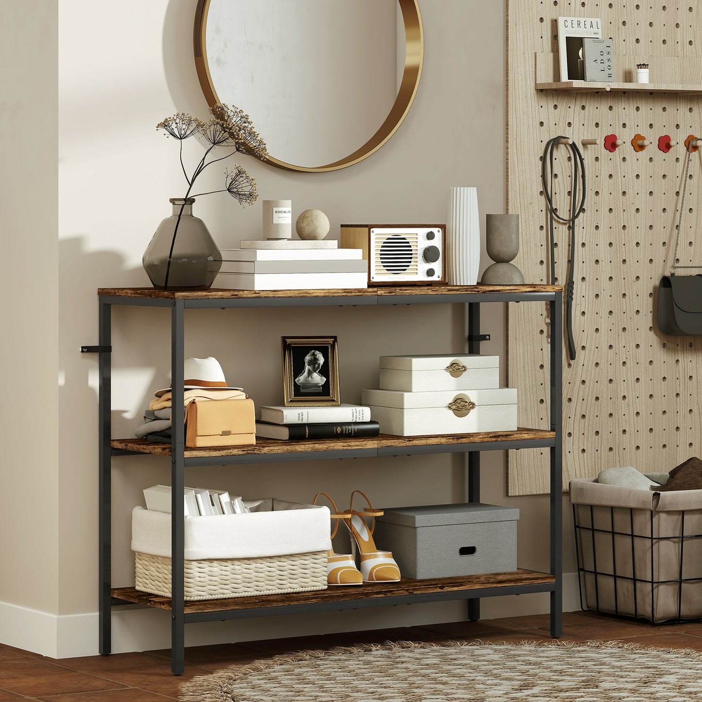 Industrial Console Table with 3-Tier Storage Shelves Rustic Brown