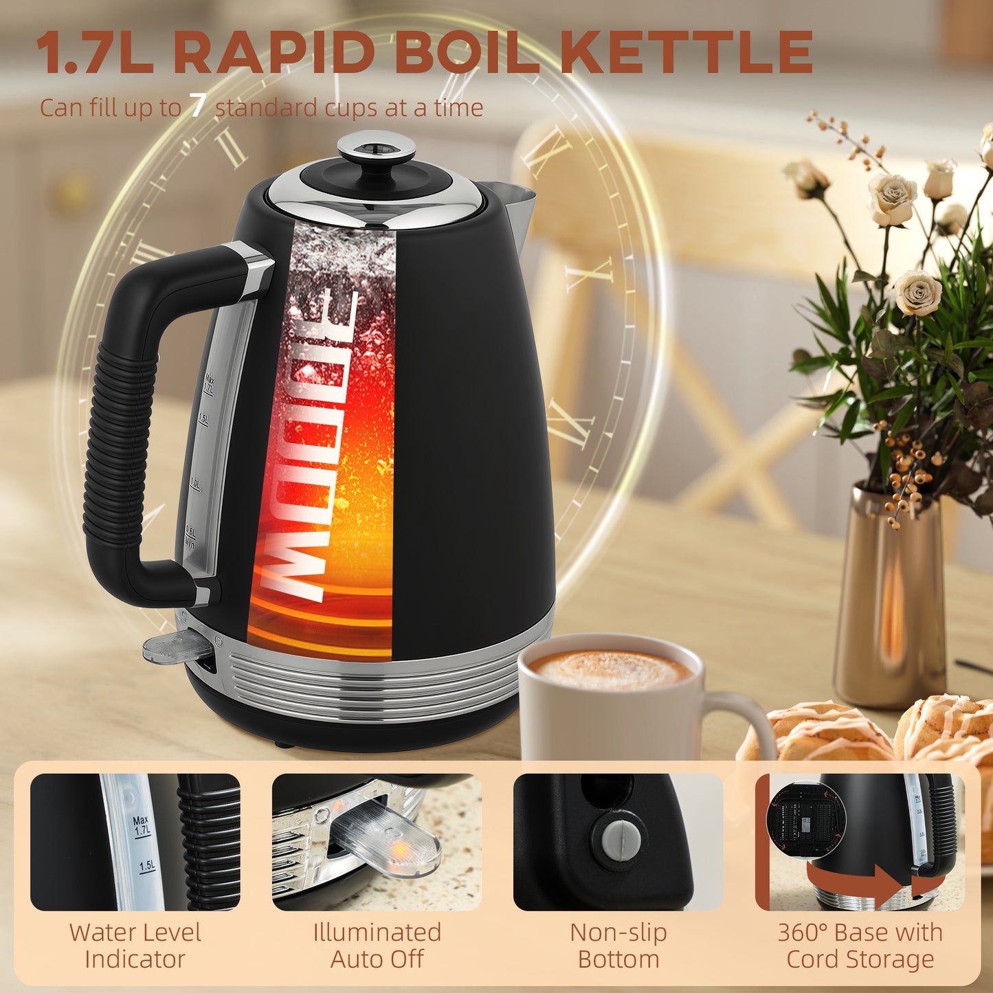 1.7L 3000W Quick Boil Kettle and 4 Slice Toaster Set Crumb Tray Black